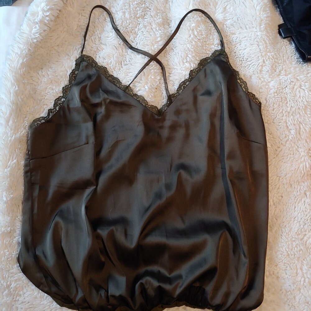 Blu Pepper Silky Cami Bodysuit Olive V-Neck Lacy Hippie Festival M Adjustable - Picture 9 of 11
